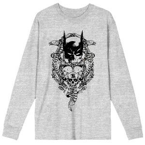Batman Bat Mask With Three Skulls Men's Athletic Heather Gray Crew Neck Long Sleeve Graphic Tee - 1 of 2