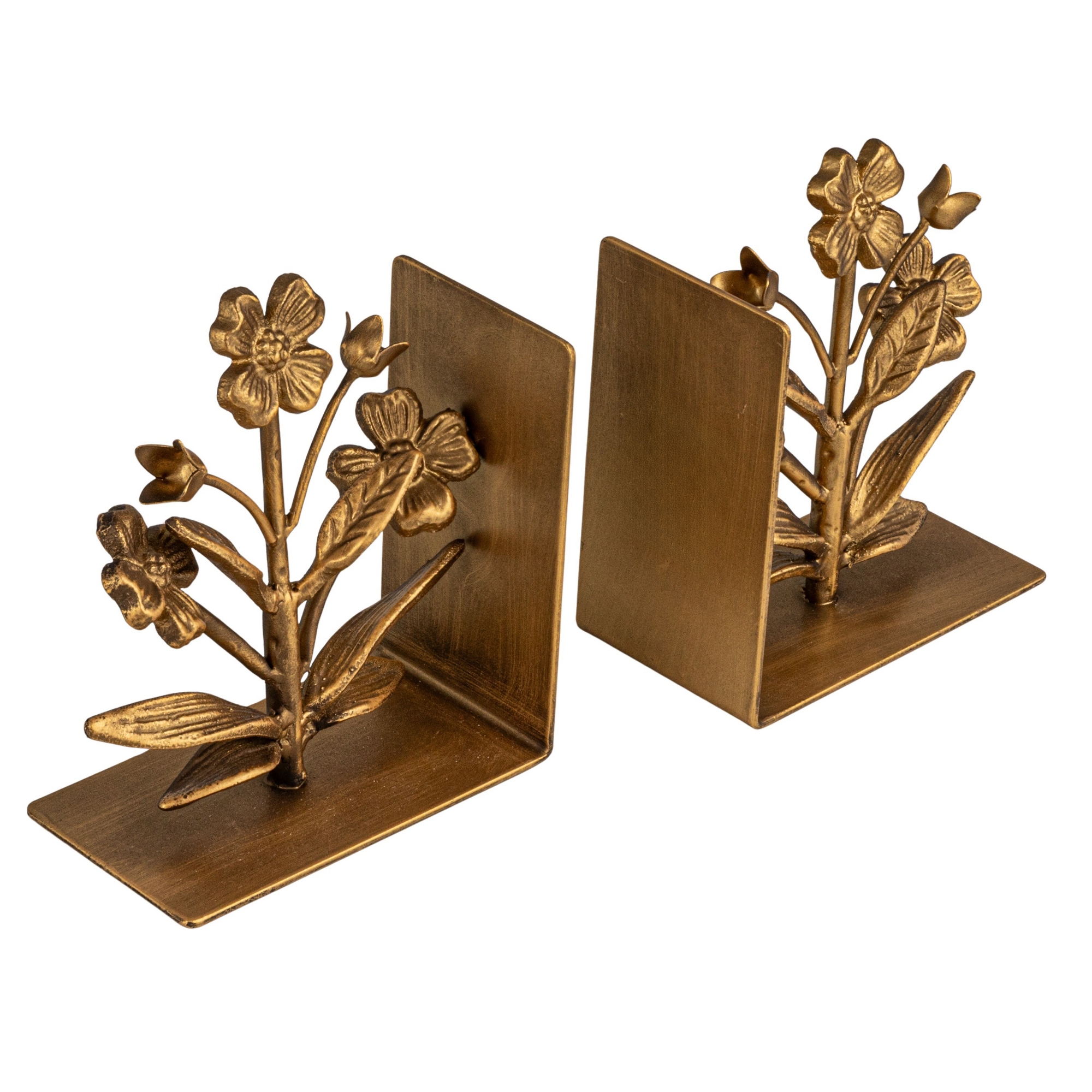 Storied Home 2-Piece Cast Metal Flower Bookends, Gold Finish