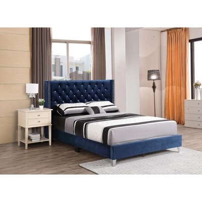 Elegant Beige Velvet Tufted Queen Bed with Nailhead Trim