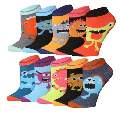 Tipi Toe Womens 10 Pairs Monster Prints Pattern & Mix Colors For Vibrant Style Low Cut/No Show Socks