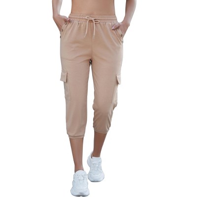 Womens Athletic Pants Capri Jogger Pants Full Elastic Waist Drawstring Ribbed Cuff Sweatpants with Side Pockets