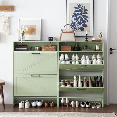 Gericco Shoe Storage Cabinet with 2 Flip Drawers,Farmhouse Narrow Shoe Organizer with Legs,Freestanding Hidden Slim Shoe Rack Cabinet