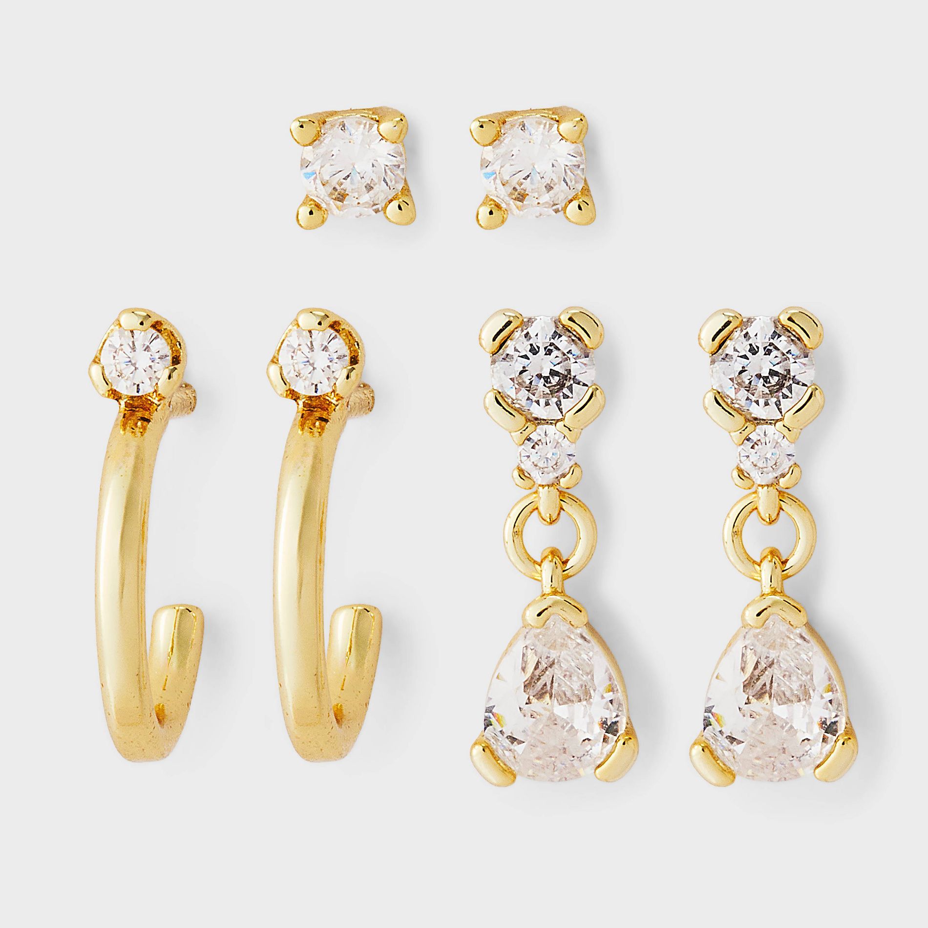 14K Gold Plated & Cubic Zirconia Post Hoop with Pear Shape Drop Stud Stainless Steel Post Earring Set 3pc - A New Day™ Gold