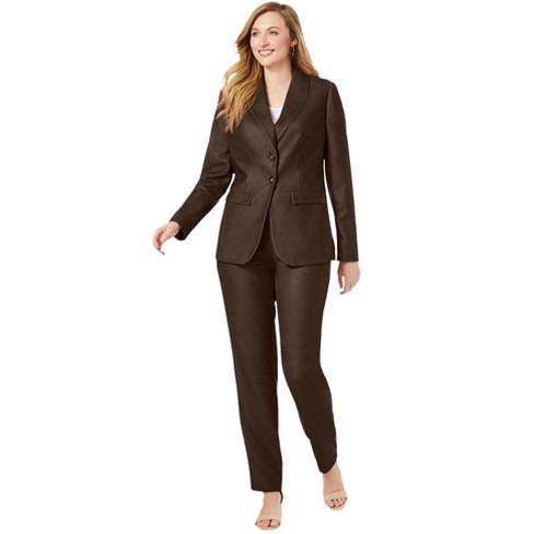 Jessica London Women's Plus Size Two Piece Single Breasted Pant Suit Set -  12 W, Chocolate Brown