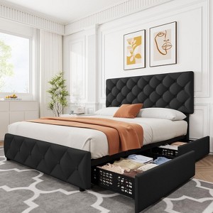 coucheta Bed Frame with Headboard and 4 Storage Drawers, Upholstered  with Stitched Button Tufted - 1 of 4
