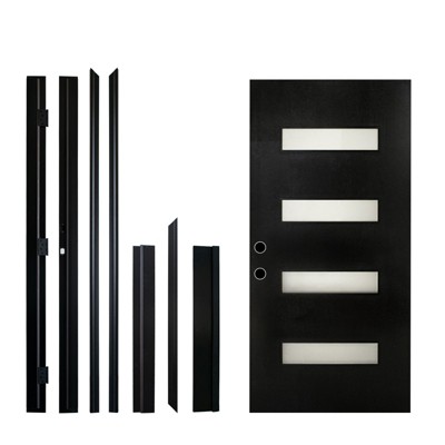 PexFix 36"x80" 4-Lite Exterior Frosted Glass Prehung Front Entry Door Primed Interior Fiberglass Entrance Door Black Right Hand Inswing w/ Vinyl Frame
