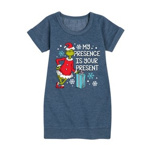 - Dr. Seuss - The Grinch My Presence Is Your Present Graphic Short Sleeve Fleece Dress - 1 of 4