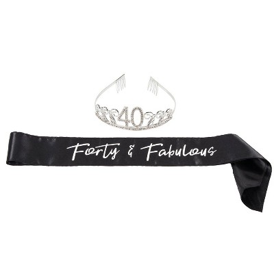 40th Birthday Tiara and Sash - Forty and Fabulous Satin Sash and Rhinestone Tiara Crown Set for Party Supplies, Cake Toppe