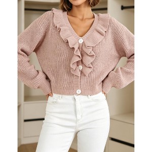 Women Ruffle Trim V‑Neck Cropped Cardigan Long Sleeve Button‑Down