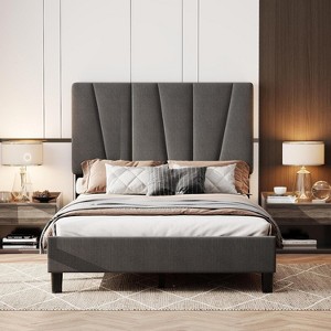 Full Size Platform Bed Frame, Linen Upholstered Bed Frame with Headboard, Modern Mattress Foundation with Wooden Slats Supports for Full Bed, No Box - 1 of 4