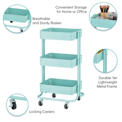 Teal 3-Tier Metal Rolling Utility Cart with Mesh Baskets