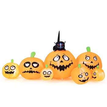 Tangkula 8Ft Long Halloween Inflatable Pumpkin Outdoor Blow Up Deco w/ 7 Pumpkins & 1 Black Cat Built-in Blower 4 Stakes LED Lighted Inflatable Prop