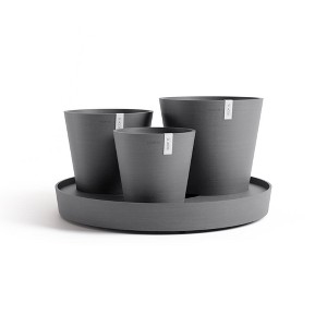 Ecopots Dubai Self Watering Durable Modern Round Indoor/Outdoor Recycled-Based Composite Flower Pot Planters w/Wheels and Saucer, Grey, 22" - 1 of 4