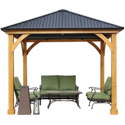 Aoodor Patio Solid Wooden Gazebo 10 x 10 ft. Hardtop Roof for Garden