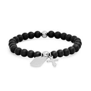 Steeltime Men's black lava and stainless steel beaded bracelet with cross and dog tag charms - 1 of 4