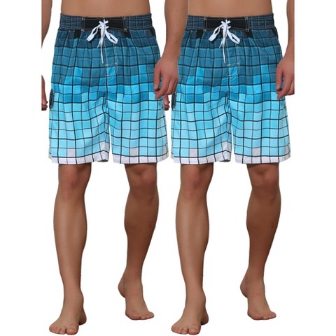 Lars Amadeus Men's Hawaiian Drawstring Waist Color Block Plaid Board Shorts 2 Packs Blue/Blue 32