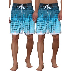 Lars Amadeus Men's Hawaiian Drawstring Waist Color Block Plaid Board Shorts 2 Packs - 1 of 4