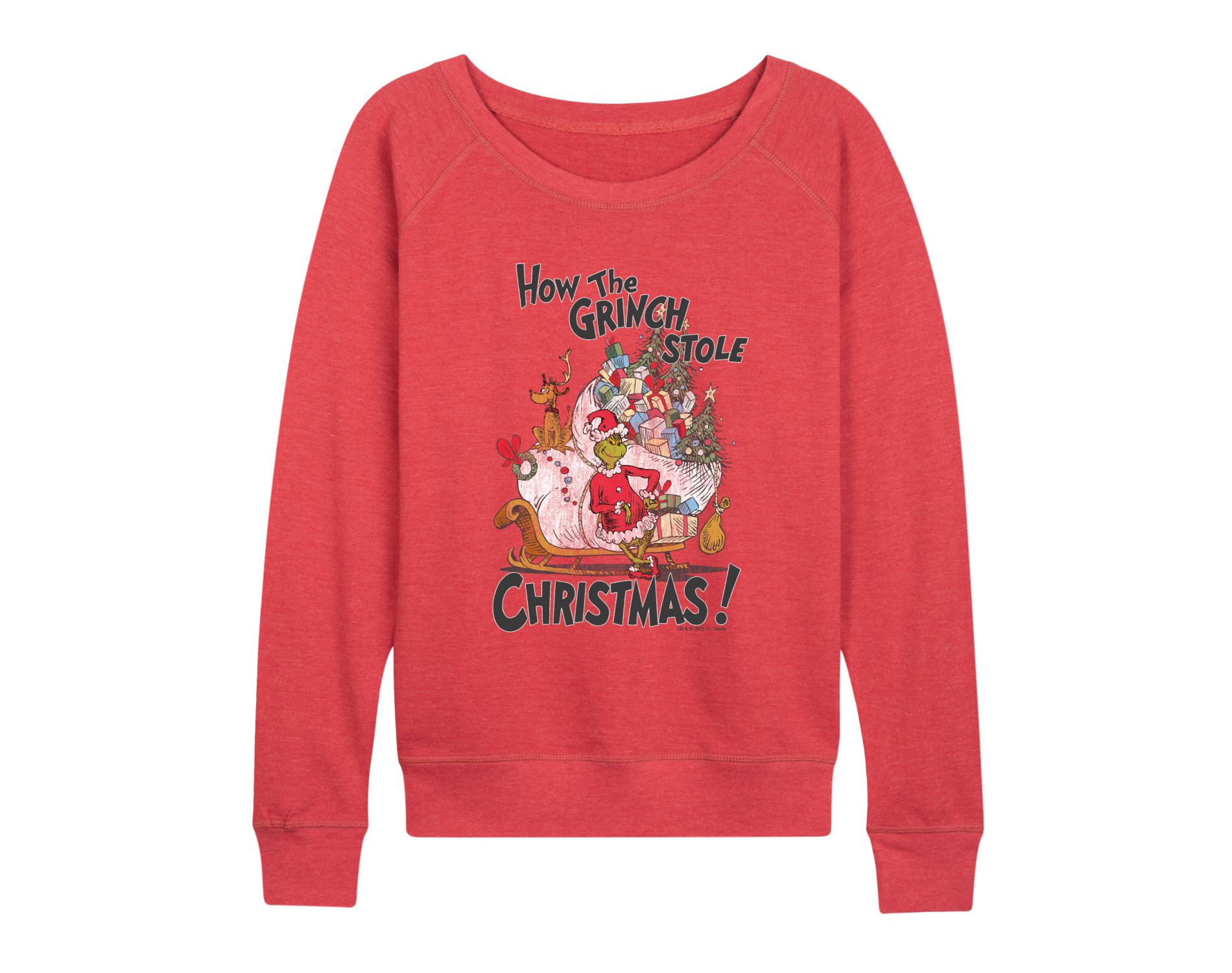 Women's - The Grinch - How The Grinch Stole Christmas Lightweight French Terry Wide Neck Long Sleeve Graphic Shirt