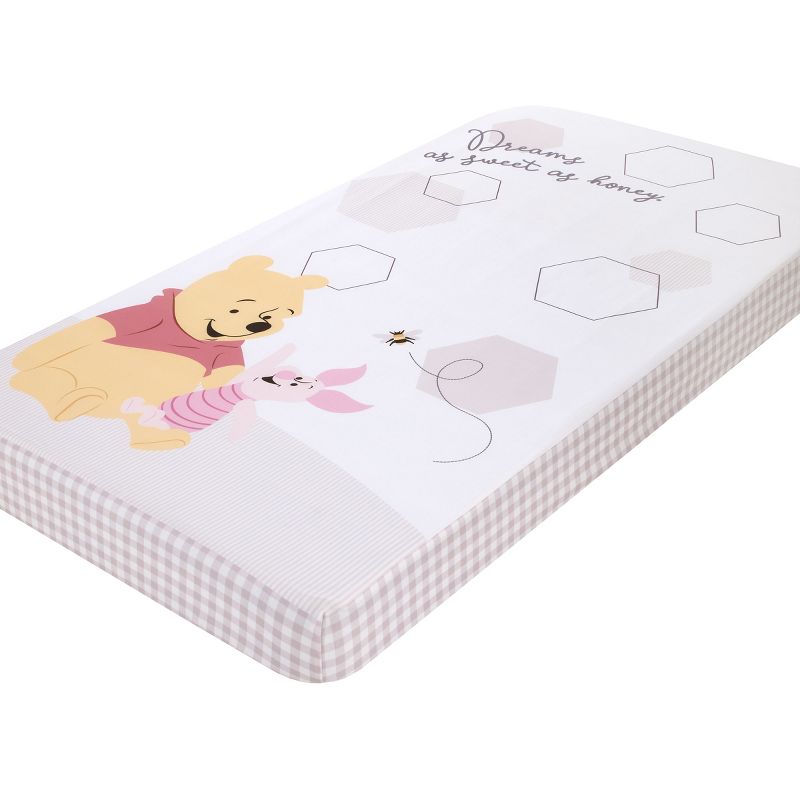 Disney Winnie the Pooh Hugs and Honeycombs Grey and White "Dreams as Sweet as Honey" with Hexagons and Piglet 100% Cotton Photo Op Fitted Crib Sheet, 1 of 7