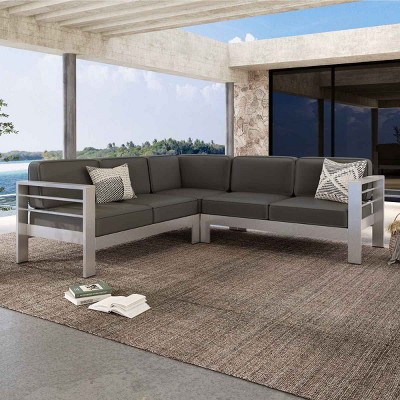 Outdoor L-Shaped Sectional Sofa, Modern Slatted Design 4-Seater Sofa, Sectional Sofa with Aluminum Frame and Polyester Cushion-Coolbibila