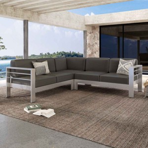 Outdoor L-Shaped Sectional Sofa, Modern Slatted Design 4-Seater Sofa, Sectional Sofa with Aluminum Frame and Polyester Cushion-Coolbibila - 1 of 4