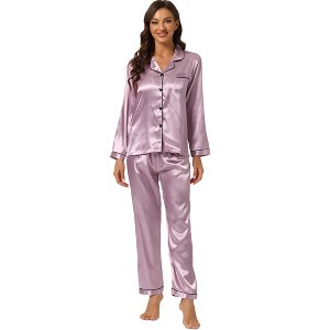 Allegra K Women's Satin Button Down Sleepshirt with Pants Sleepwear Pajama Set - 1 of 4