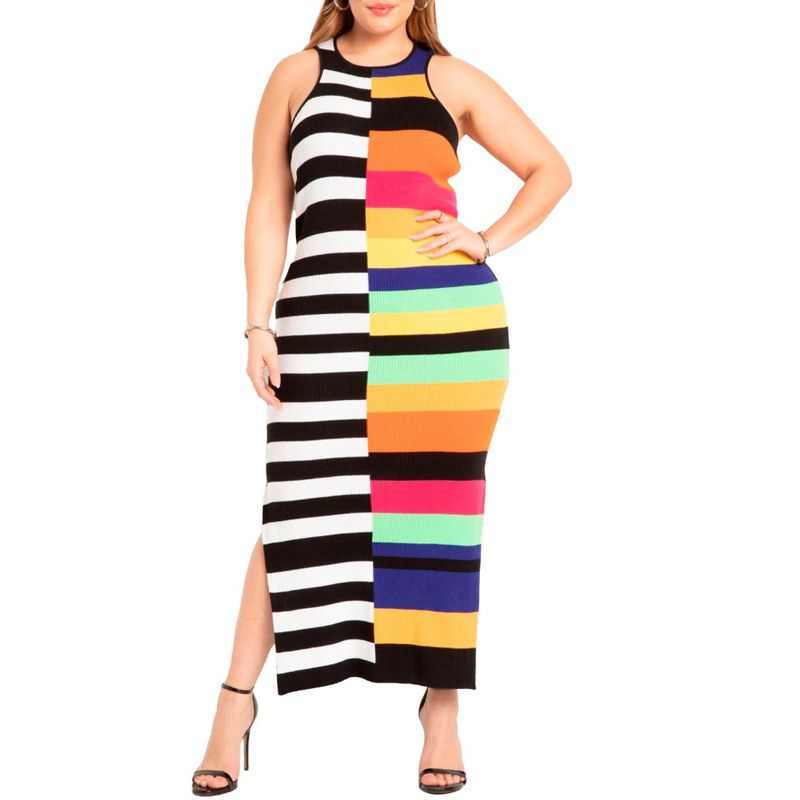 ELOQUII Women's Plus Size Mixed Stripe Ribbed Dress, 1 of 3