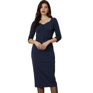 Allegra K Women's Vintage Sweetheart Neck 3/4 Sleeve Belted Sheath Pencil Dresses - 1 of 4