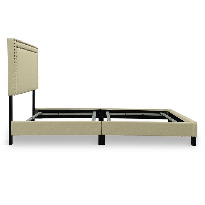 Adam Beige Linen Upholstered Queen Bed with Nailhead Trim