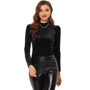 INSPIRE CHIC Women's Metallic Velvet Puff Long Sleeve Mock Neck Glitter T-shirt - 1 of 4