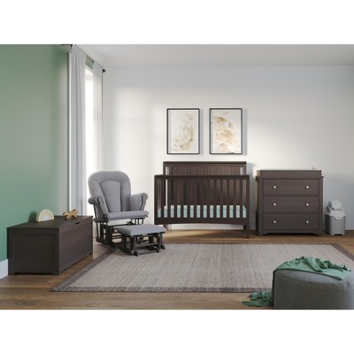 Child Craft Scout 4-Piece Nursery Set with 4-in-1 Convertible Crib, Dresser with Changing Table Topper, Cozy Glider, and Toy Box