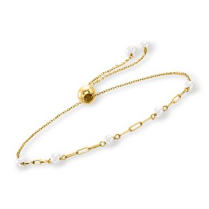 Pure Collection by Ross-Simons 3-3.5mm Cultured Pearl and 14kt Yellow Gold Paper Clip Link Bolo Bracelet Size - 1 of 4