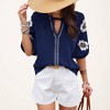 Anna-Kaci Women's Embroidered Short Sleeve Blouse with Floral Motif and Split V-Neck Detail for Casual Summer Style - 4 of 4