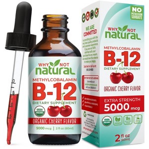 Why Not Natural Organic Vitamin B12 Liquid - Sublingual Extra Strength 60 x 5000 mcg Methylcobalamin Drops, Vegan, Maximize Absorption and Energy - 1 of 4