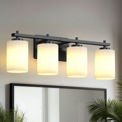 YANSUN 24 in. 4-Light Bathroom Vanity Light with Frosted Glass and Black Iron Frame