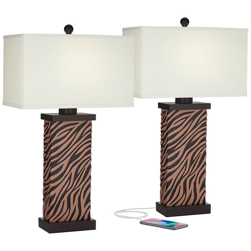 360 Lighting Modern Table Lamps Set of 2 with USB Charging Port 27" Tall Zebra Faux Wood Off-White Fabric Shade for Bedroom Bedside House, 1 of 10