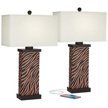 360 Lighting Modern Table Lamps Set of 2 with USB Charging Port 27" Tall Zebra Faux Wood Off-White Fabric Shade for Bedroom Bedside House