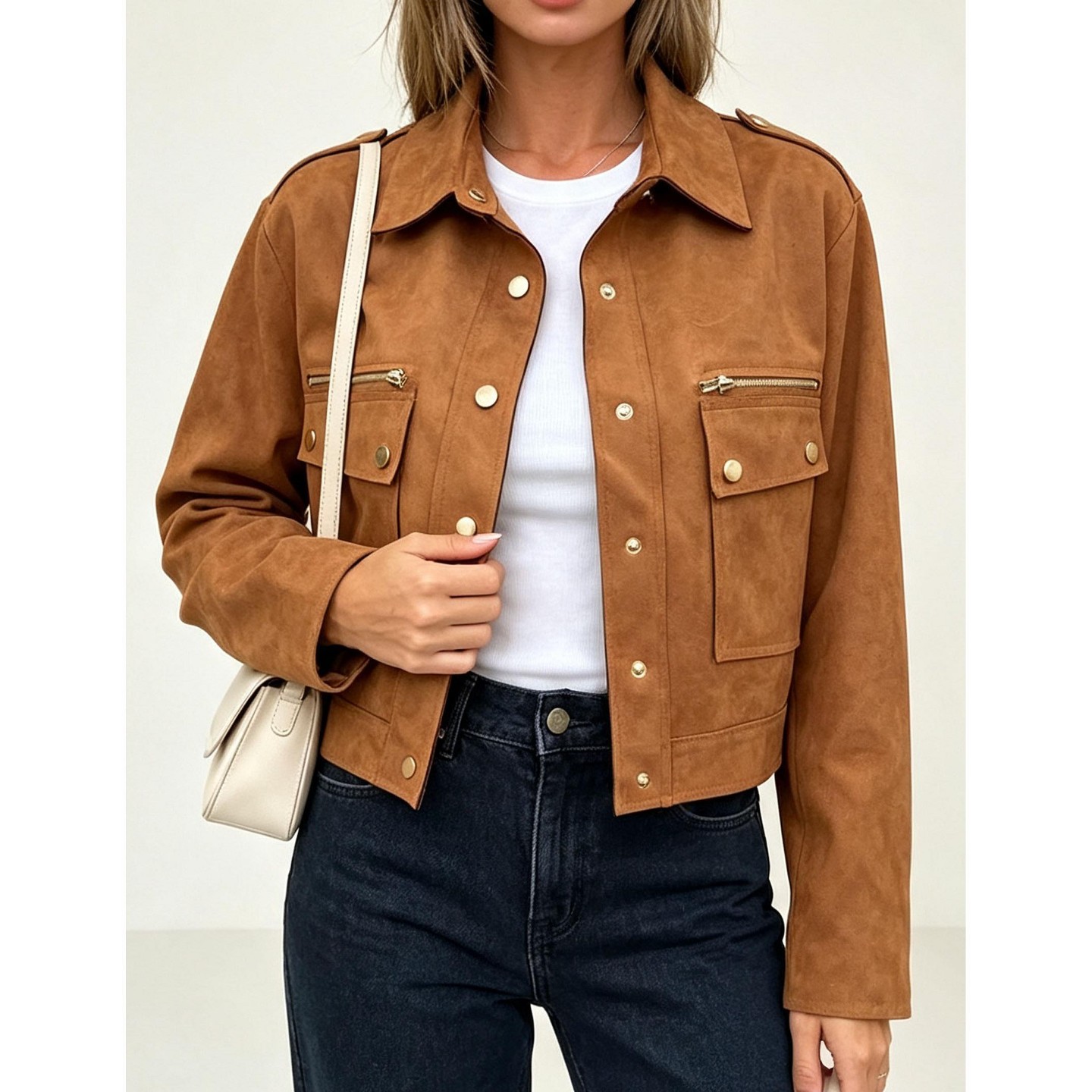 Женская куртка YesFashion Women Suede Jacket Lapel Collar Zip Pocket Button Down Long Sleeve Casual Outerwear, Brown, цвет: Коричневый — фото 1