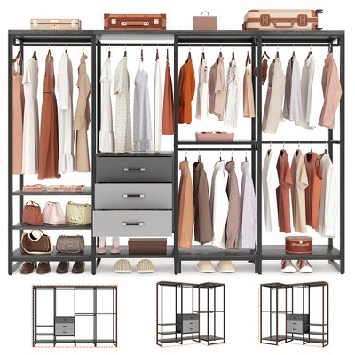 Aheaplus 74'' Clothing Rack with Wood Drawers, Heavy Duty Garment Rack with Shelves, Large Corner L-Shaped Closet Organizer with Hanging Rods