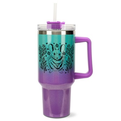 Elanze Designs 40 Ounce Ombre Travel Tumbler With Straw and Lid Stainless Steel Double Wall Insulated Charming Springtime Mouse Teal and Purple