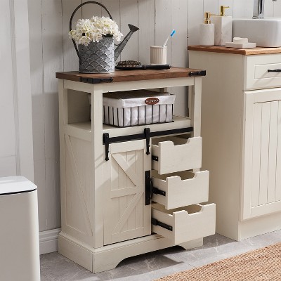 OKD Bathroom Floor Cabinets with Sliding Barn Door & 3 Drawers