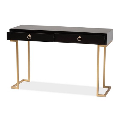 Black and Gold Wood Metal 2-Drawer Console Table