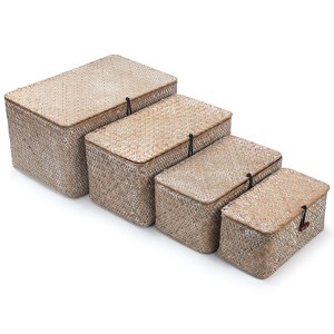 Aoibox Wicker Storage Basket Set with Lid Seagrass Woven Decorative Bins for Organizing Shelf Whitewash 4 Pieces - 1 of 4