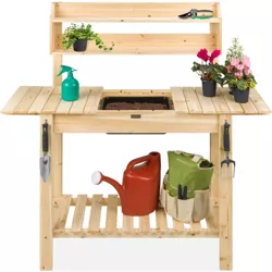 Best Choice Products Wood Garden Potting Bench Workstation Table w/ Sliding Tabletop, Food Grade Dry Sink - Natural