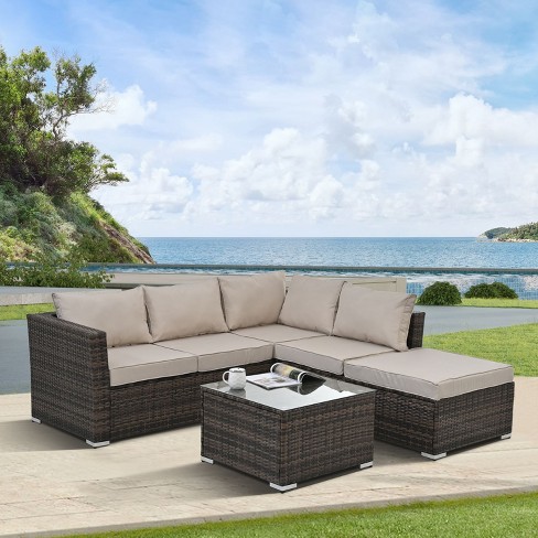 4 piece Pe Wicker Beige Patio Conversation Set With Tempered Glass Coffee Table Patio Furniture Outdoor Furniture Maison Boucle Target