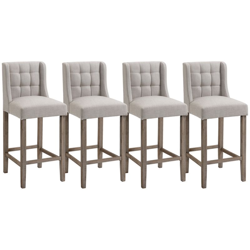 HOMCOM Modern Bar Stools, Tufted Upholstered Barstools, Pub Chairs with Back, Rubber Wood Legs for Kitchen, Dinning Room, Set of 4, Beige, 4 of 7