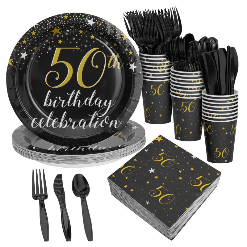 Blue Panda 144 Pieces 50th Birthday Party Supplies with Paper Plates, Napkins, Cups, Cutlery, Black, Gold, Serves 24, 1 of 9