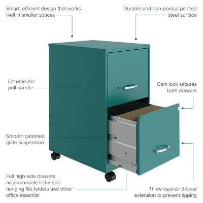Teal 18" 2-Drawer Lockable Mobile Vertical File Cabinet
