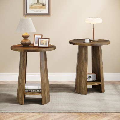 Tribesigns Round End Table, 2-Tier Side Table, Bedside Accent Furniture for Small Spaces, Living Room, Bedroom, Brown
