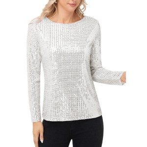Anna-Kaci Women's Long Sleeve Sequin Top with Crew Neck and Fitted Silhouette - 1 of 4